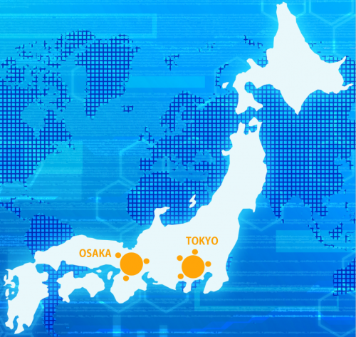大阪リージョンと東京リージョンの所在が記された日本地図